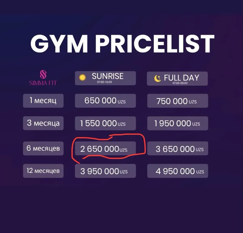 Simma fit abonimet sotaman 6:00 16:00 gacha 5oylik qogan