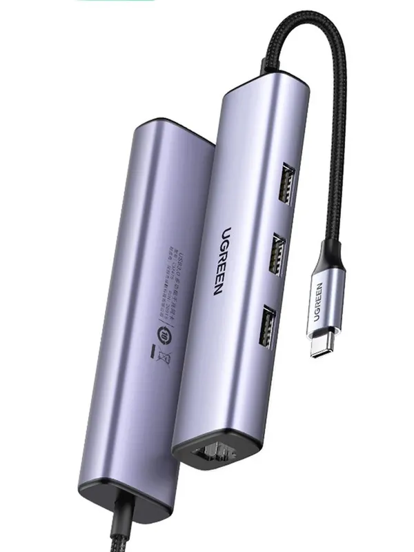 Ugreen USB-концентратор CM-475 Usb-C to 3*USB 3,0 Hub+RJ45 1000mb — фото 1