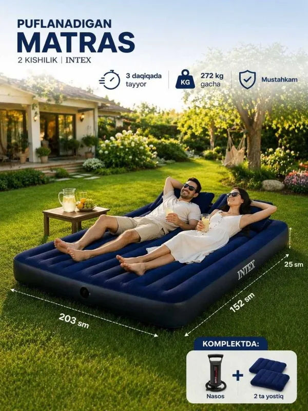Ikki kishilik puflanadigan matras Intex nasos va yostiqlar,203×152 sm — фото 1 Ikki kishilik puflanadigan matras Intex nasos va yostiqlar,203×152 sm — фото 1