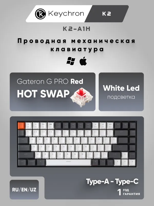 Беспроводная игровая клавиатура Keychron K2 84Key Gateron G PRO, BT/WL, Hot-Swap K2-A1H