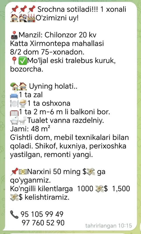 1 xonali uy srochna sotiladi 1