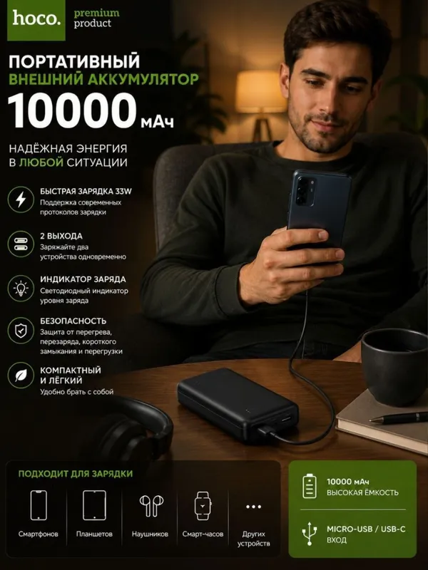 HOCO J15BA 10000mAh Power Bank, 2 USB, Чёрный 1