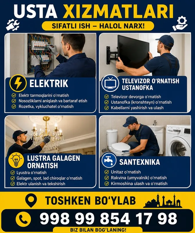 Toshken boylab usta elektrik santexnik