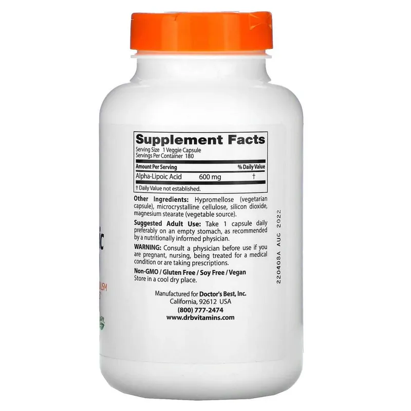 Doctor's Best, альфа-липоевая кислота 600мг. 180 вегетарианских капсул — фото 1