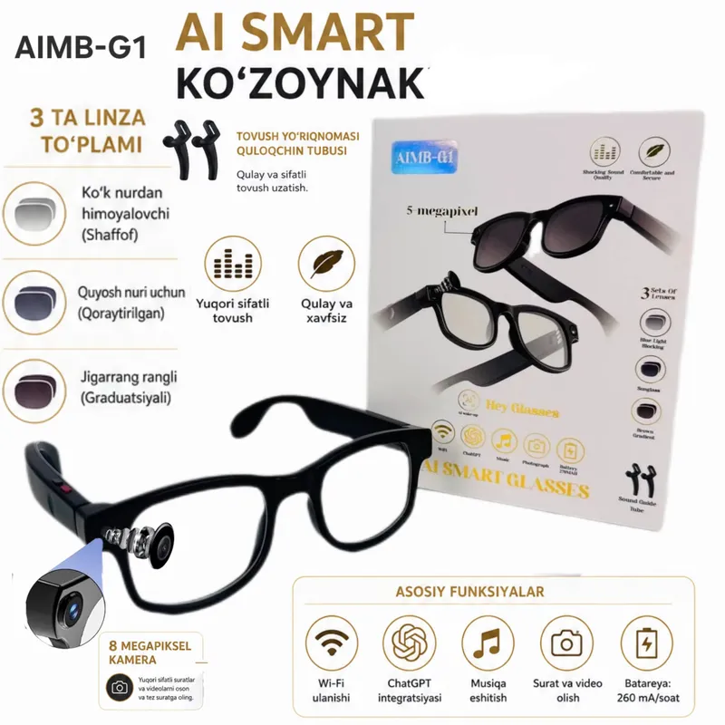 AIMB-G1 AI Smart Ko‘zoynak – 8MP Kamera va Wi-Fi