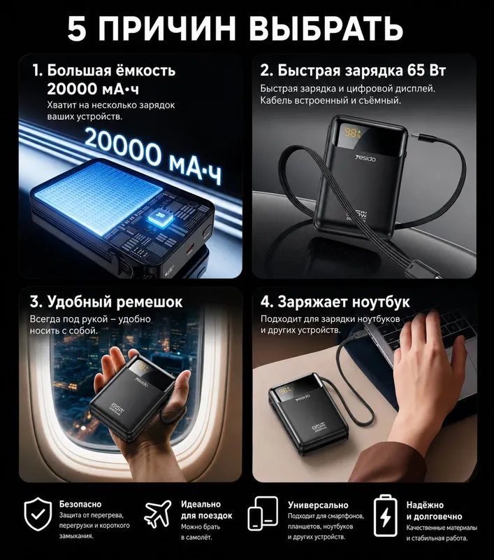 Powerbank Yesido — 65W, 20000 mAh. Быстрая зарядка 3 Powerbank Yesido — 65W, 20000 mAh. Быстрая зарядка 3