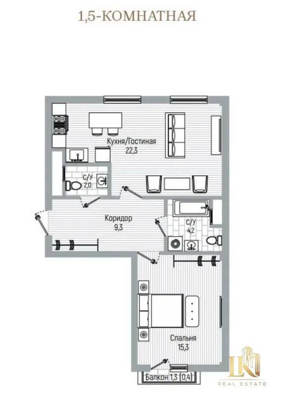 Продаётся 2-комнатная квартира (коробка) 54,25 м² в ЖК Kox-Ota