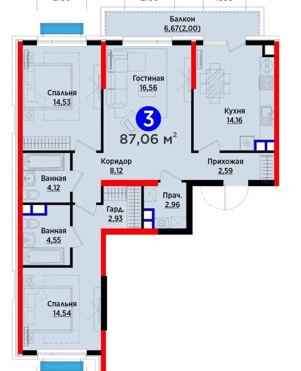 Готовый дом | 3-комн. 87м² | Сквозная + балкон — фото 1