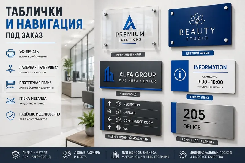 Таблички и навигация под заказ | акрил, металл, ПВХ, алюкабонд