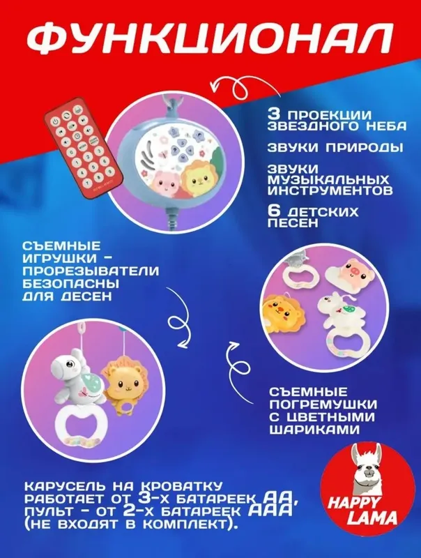 Музыкальный мобиль на кроваткуAnimals с проектором и пультом — фото 2