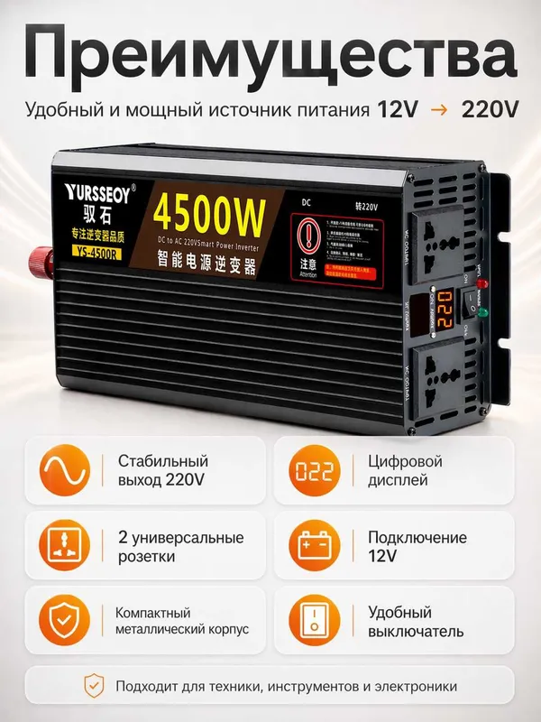 Инвертор автомобильный 12/24V–220V. 4500W пиковая / 2200W номинальная — фото 2