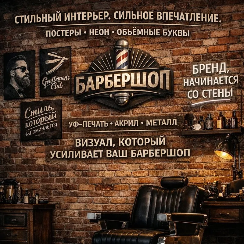 Оформление барбершопа: интерьер, постеры,объемные буквы, неон, печать.