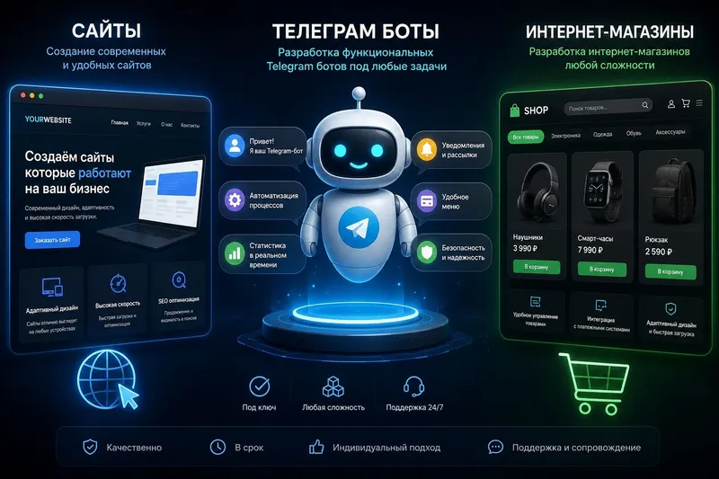 Делаем телеграм ботов сайты и интернет магазины.
