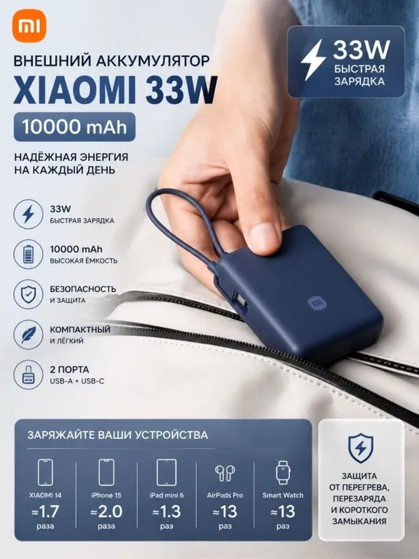 Xiaomi 33W 10000mAh Power Bank USB-C, Синий цвет 1