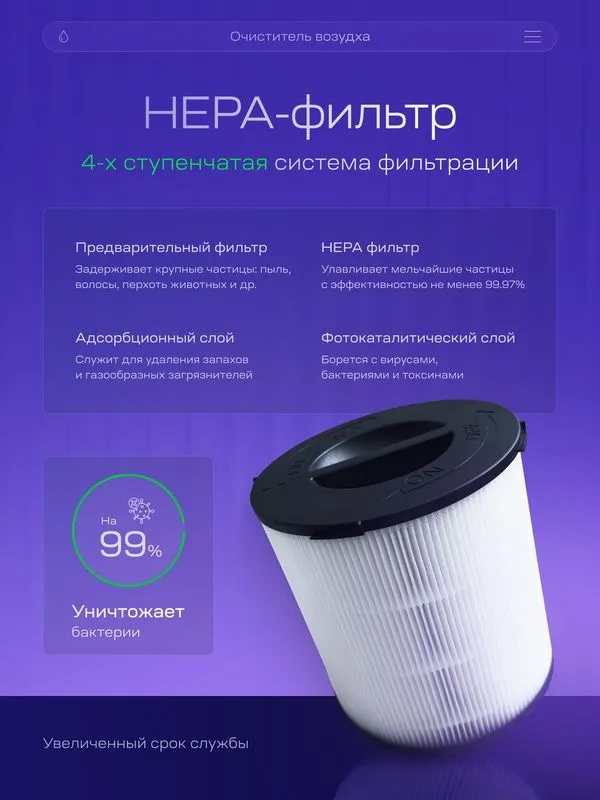 Очиститель воздуха, 3 скорости, традиционный, HyperHEPA, белый — фото 3