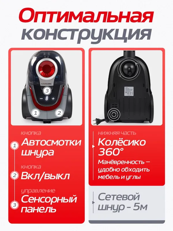Пылесос Samsung мощный 3600 W, инновационный циклонный, НЕРА фильтр — фото 5