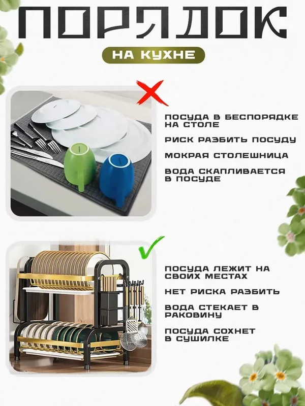 Сушилка для посуды настольная, 2-3 ярусная, с поддоном, для тарелок — фото 2