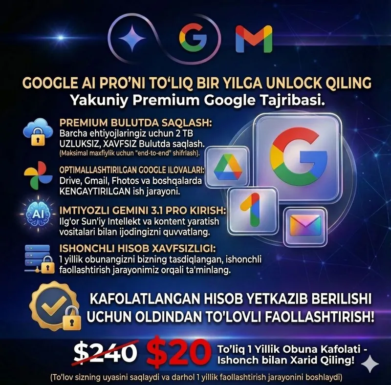 Suniy Intelekt Acsiya GEMINI PRO 1 YILGA Atiga 20$