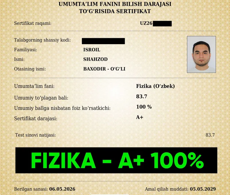 Fizika Milliy Sertifikat A+ 100%