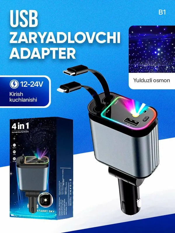 Avto zaryadnik adapterli unversal portlar