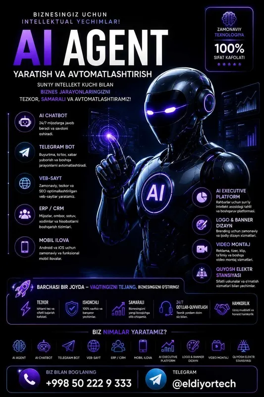 AI Agent | Telegram Bot | ERP CRM | Veb-sayt | Mobil ilova 2 AI Agent | Telegram Bot | ERP CRM | Veb-sayt | Mobil ilova 2