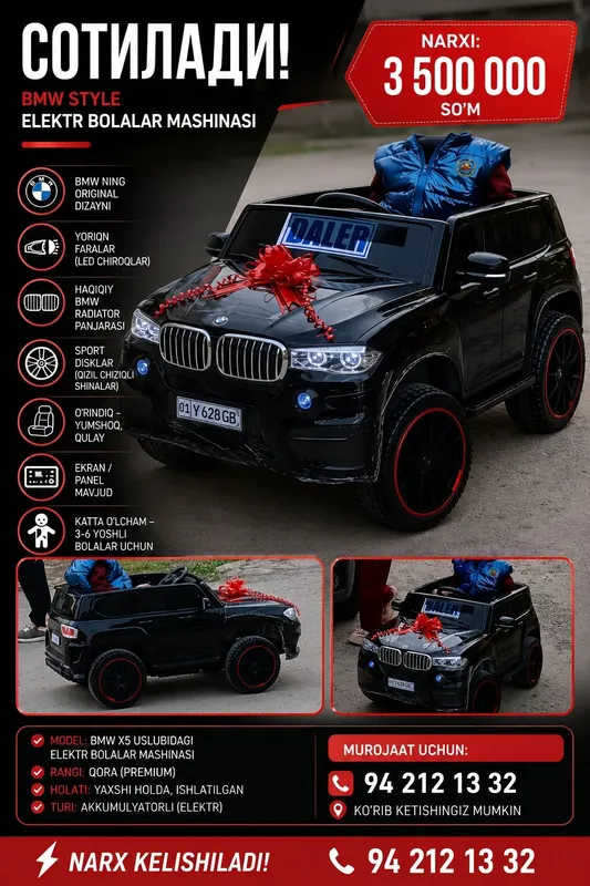 BMW X5 uslubidagi elektr bolalar mashinasi sotiladi. - Rangi: Qora -