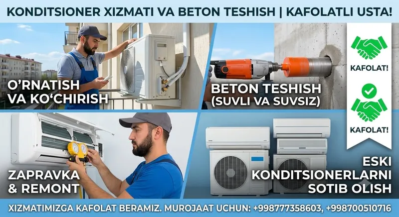 Kondetsioner ustanovka, beton teshish,remont kondetsioner,zapravka