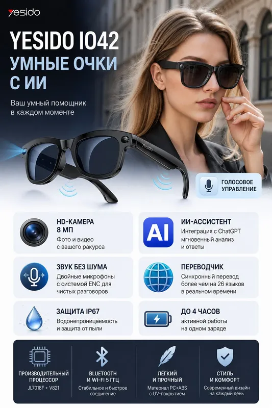 Kamera va chatgpt bilan aqlli ko‘zoynak Yesido 1 Kamera va chatgpt bilan aqlli ko‘zoynak Yesido 1