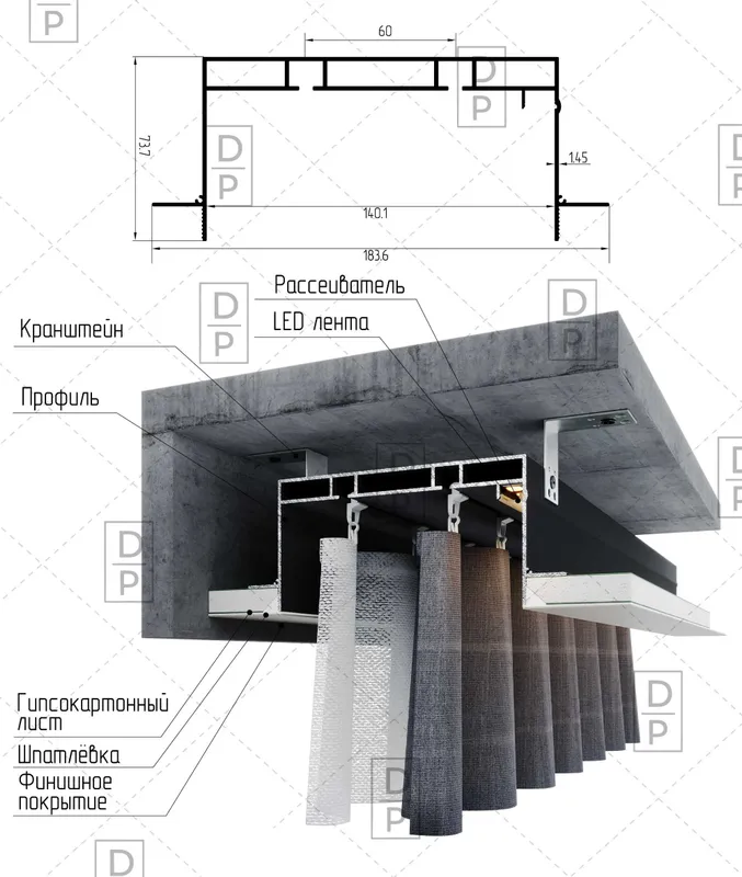 Скрытый Теневой Карнизный слот КС 180мм. Скрытая ниша, гардина Скрытый Теневой Карнизный слот КС 180мм. Скрытая ниша, гардина