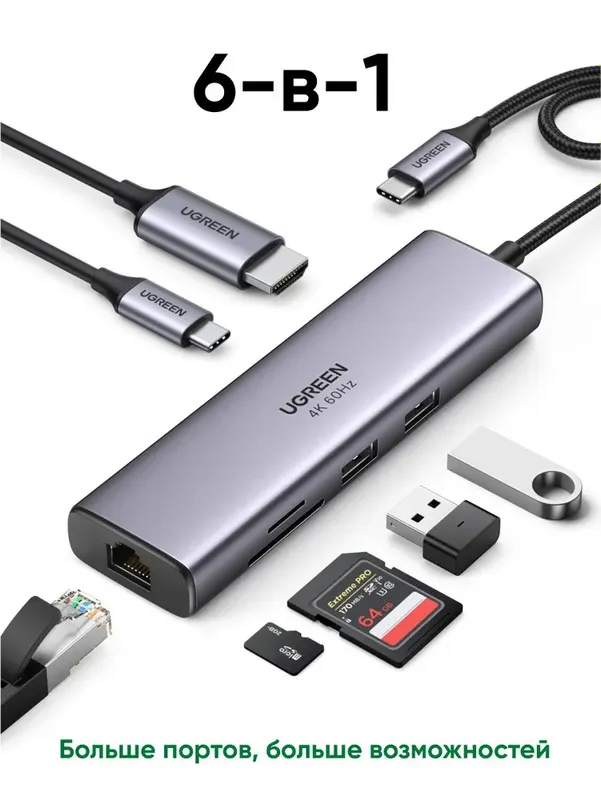 UGREEN USB-C хаб 7 в 1 HDMI 4K 60Hz RJ45 — фото 2