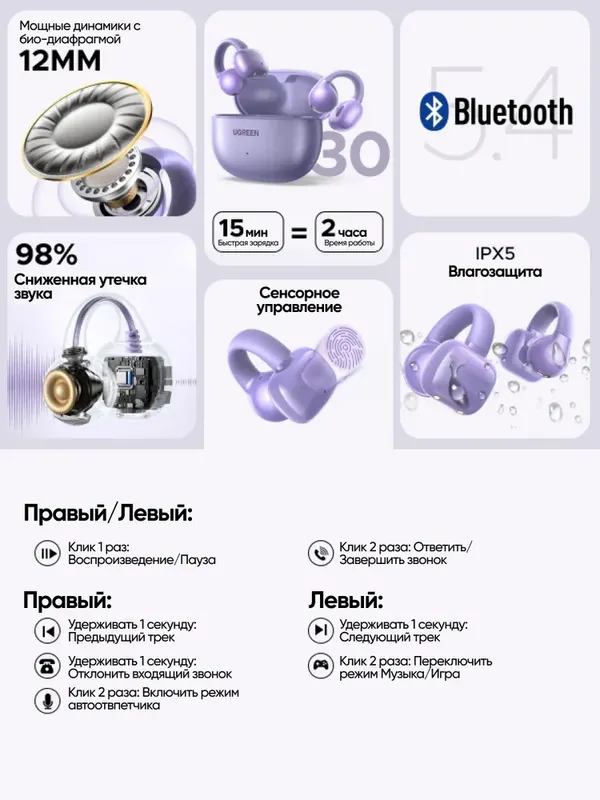 UGREEN HiTune S3 TWS наушники Purple — фото 1