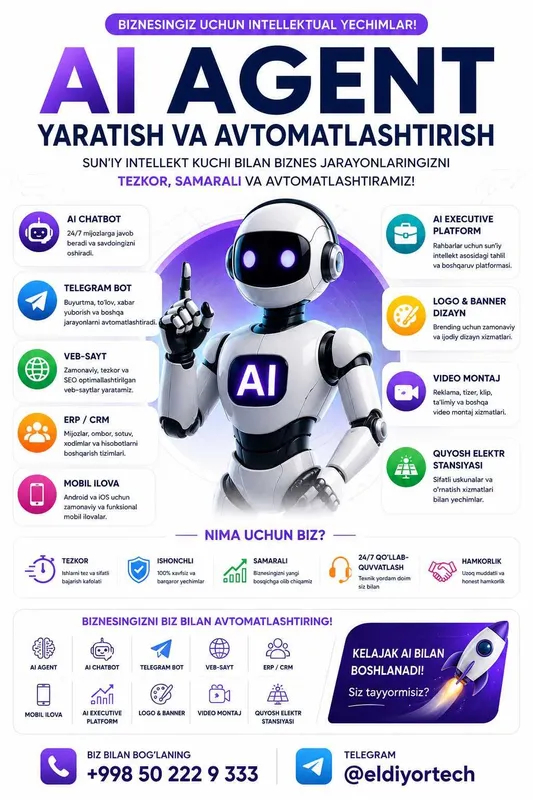 AI Agent | Telegram Bot | ERP CRM | Veb-sayt | Mobil ilova 1 AI Agent | Telegram Bot | ERP CRM | Veb-sayt | Mobil ilova 1