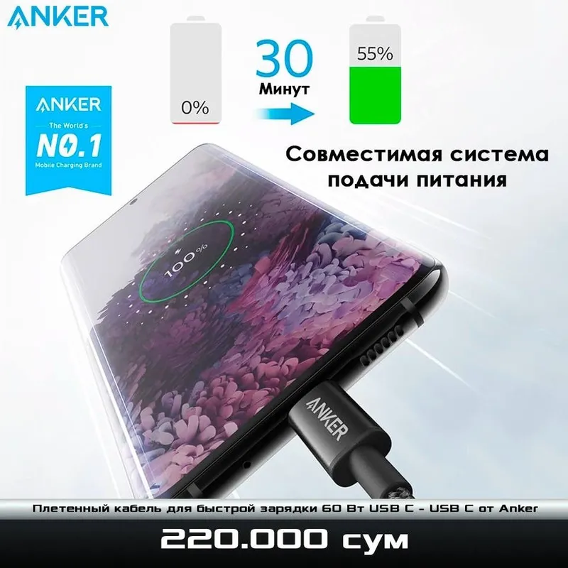 Плетенный кабель для быстрой зарядки 60 Вт USB C - USB C от Anker — фото 1