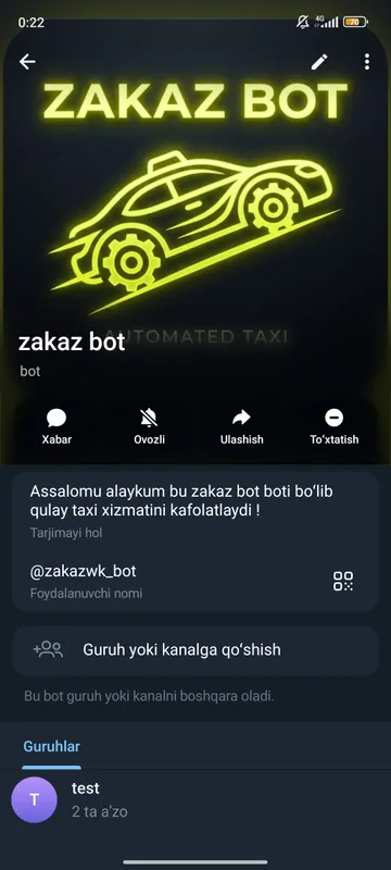 Telegram bot taxi lar uchun avtomatik zakaz tizimi