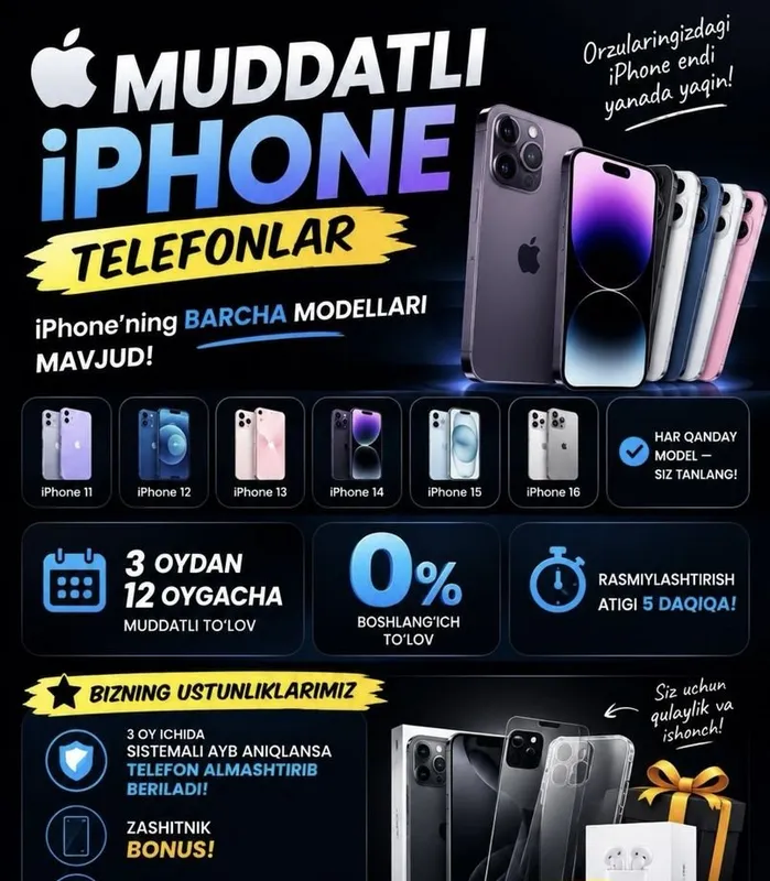 Iphone smartfonlari Qulay narxlarda Bo’lib tolashga Iphone smartfonlari Qulay narxlarda Bo’lib tolashga
