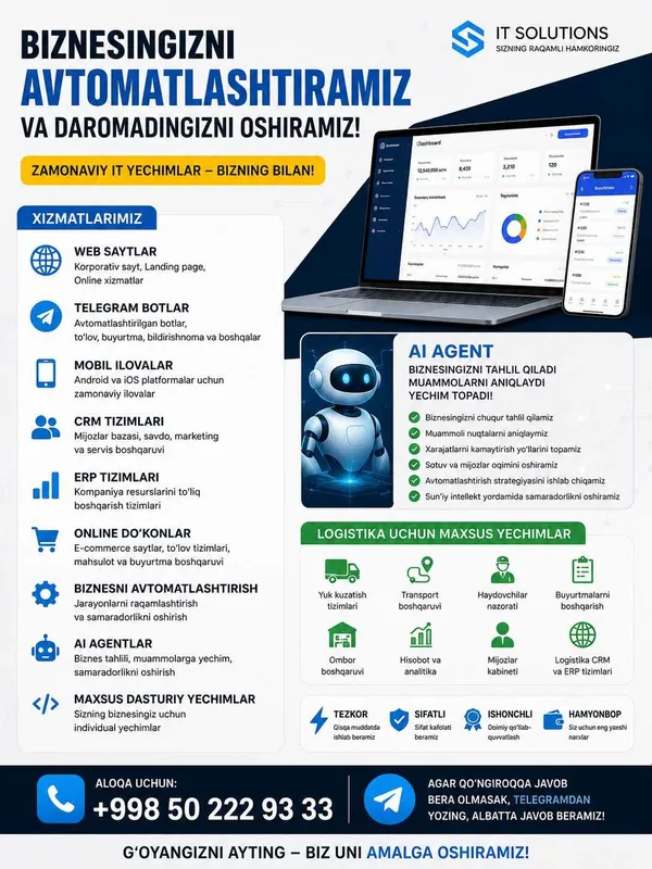 Web Sayt Telegram Bot Mobil Ilova CRM ERP Xizmatlari — фото 1