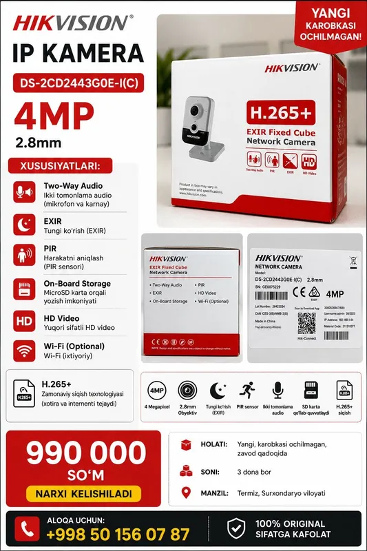 Hikvision DS-2CD2443G0E-I(C) 4MP IP kamera – yangi Hikvision DS-2CD2443G0E-I(C) 4MP IP kamera – yangi