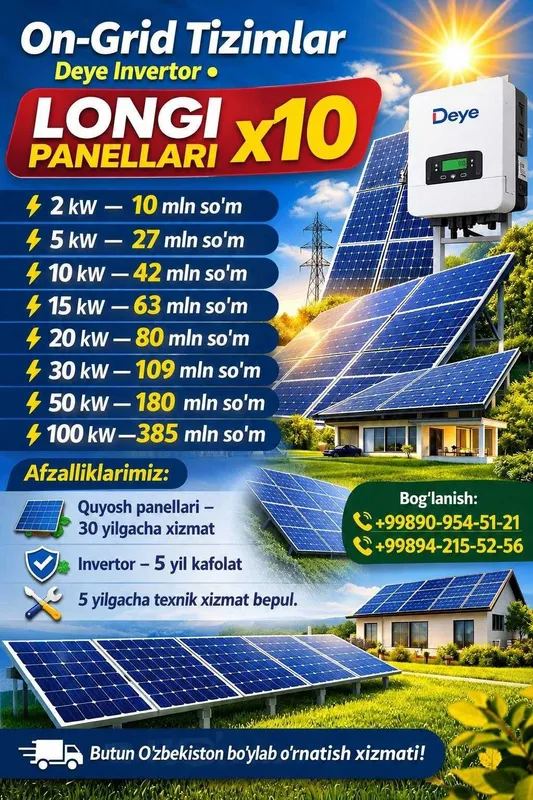 On Grid Quyosh stansiyasi 2kw dan 100kw gacha