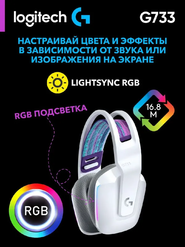 Игровые беспроводные наушники Logitech G733 LIGHTSPEED, до 29 часов работы, белый — фото 1