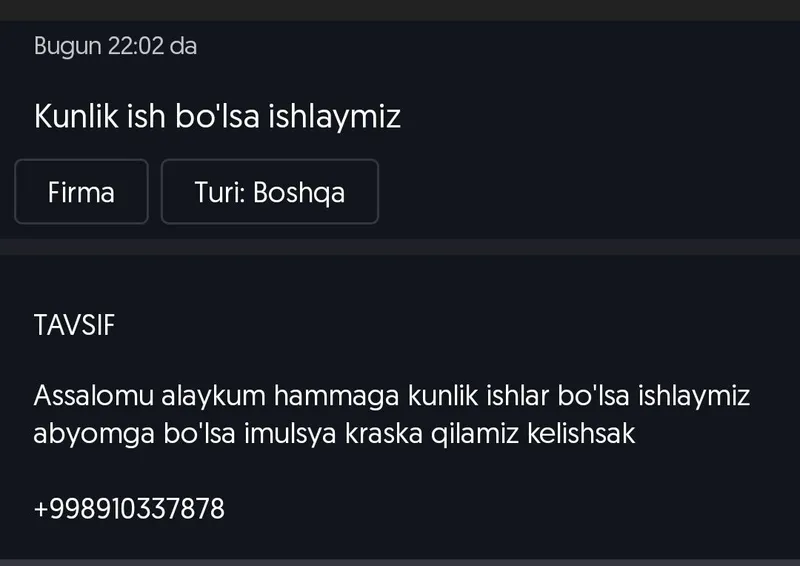 Kunlik ish bo'lsa ishlaymiz
