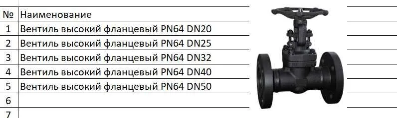 Вентиль высокий фланцевый PN64