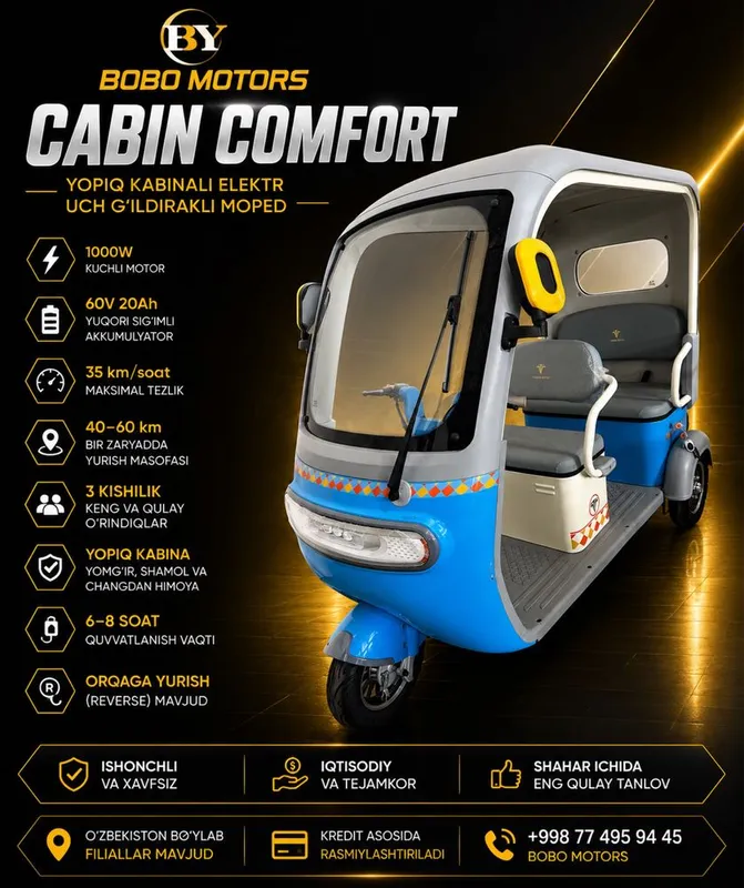 Yopiq kabinali elektr uch g’ildirakli moped Bobo Motors 1