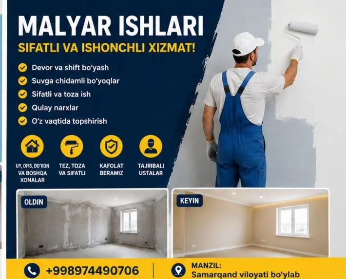 Malyar usta bor Gipsokarton laminat ustalar bor arzon narxda va sifat! Malyar usta bor Gipsokarton laminat ustalar bor arzon narxda va sifat!
