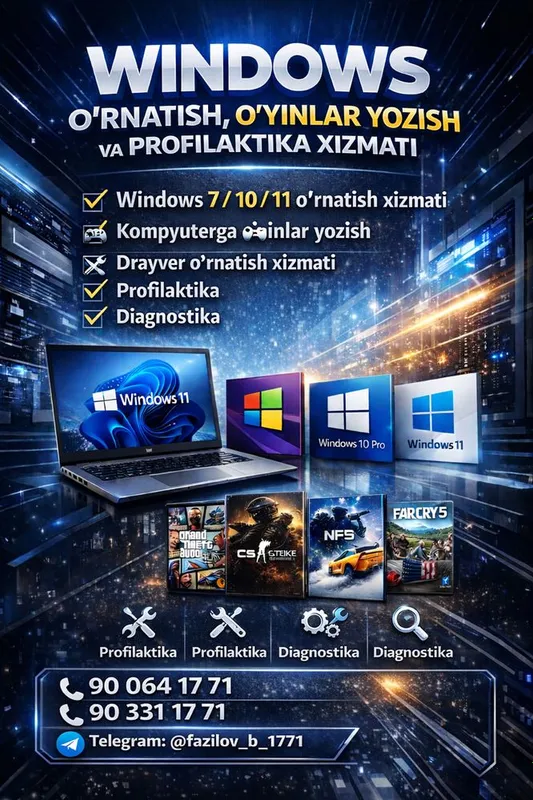 Windows 7 10pro 11 Drayver Prafilaktika O’yinlar yozish xizmati bor