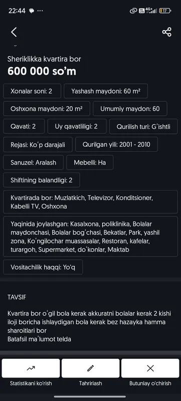 Sheriklikka kvartira bor oʻgʻil bollarga Sheriklikka kvartira bor oʻgʻil bollarga