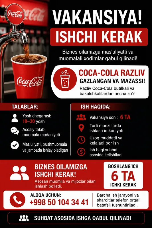 Ishchi kerak uzoq mudatli kelajagi bor