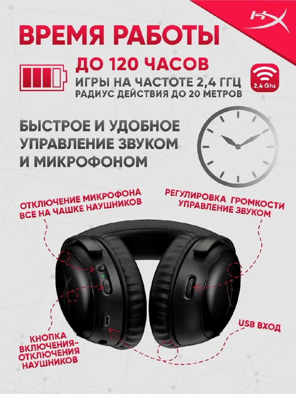 Наушники HyperX Cloud III Wireless Black, игровые, беспроводные, оголовье, черный — фото 4