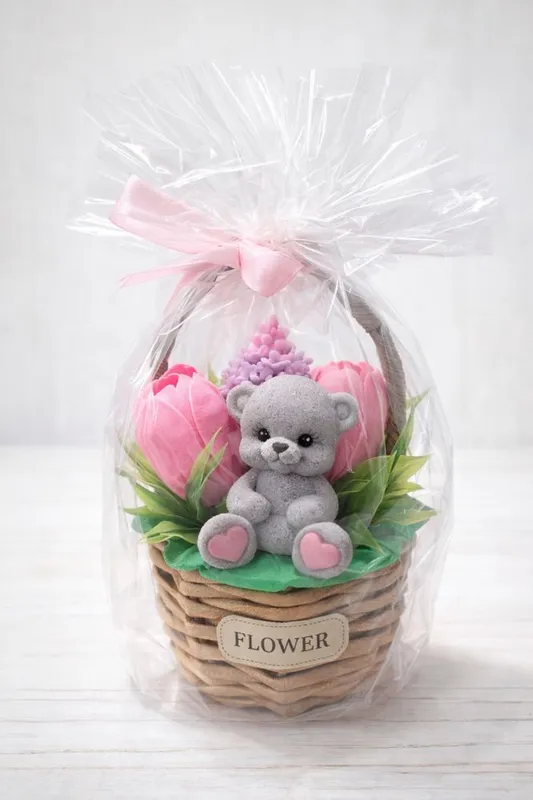 Корзинка с цветами и мишкой из мыла!