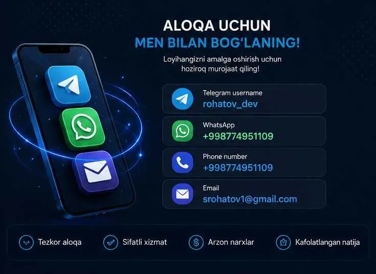 Professional Web Saytlar | Telegram Bot | Biznesni Avtomatlashtirish 4 Professional Web Saytlar | Telegram Bot | Biznesni Avtomatlashtirish 4