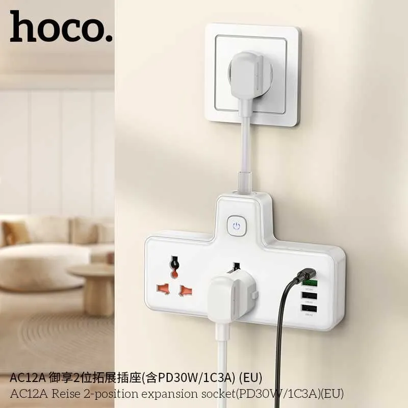 Hoco AC12A Reise Сетевой фильтр 2 розетками и USB-портами PD30W EU/GER